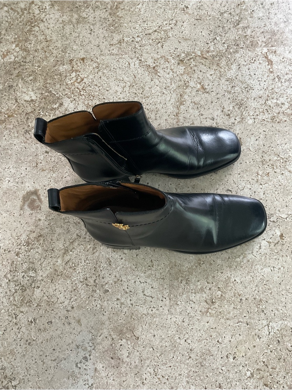 Tory Burch Black Leather Ankle Booties with Gold Emblem